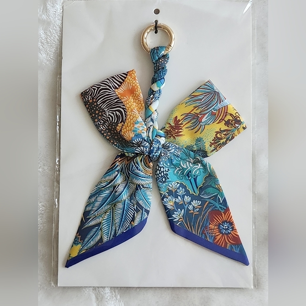 Floral Patterned Keychain Scarf with Bow Bag Chain